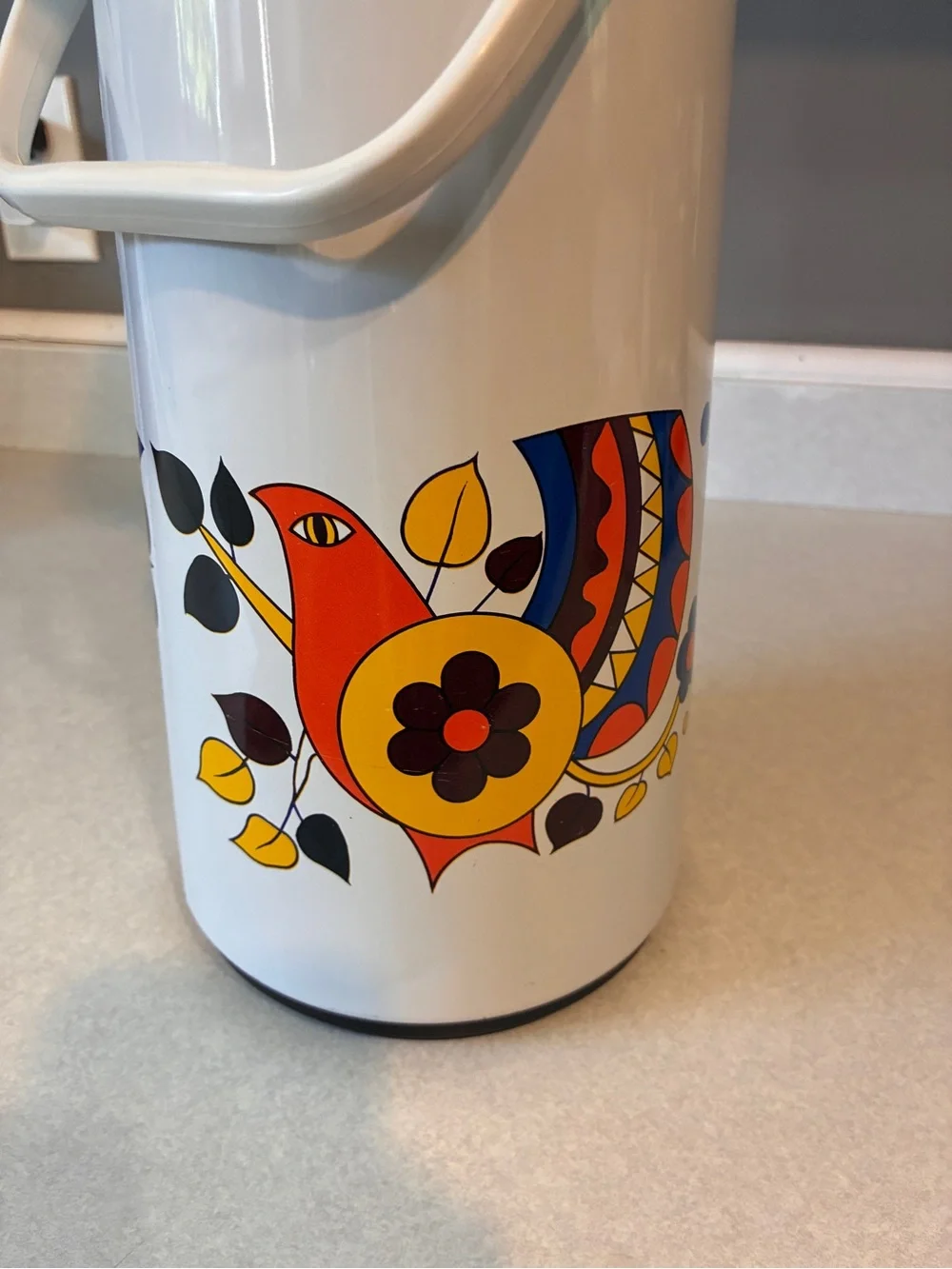 Vintage Air Pot Thermos Pump Drink Dispenser MCM Colorful Partridge Birds